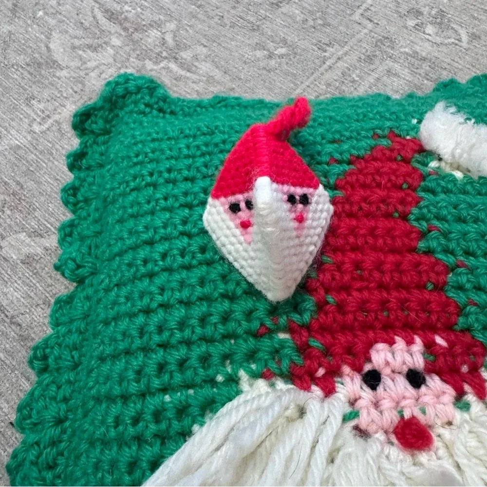 Vintage Green and Red Santa Crochet Pillow Christmas Holiday Decor